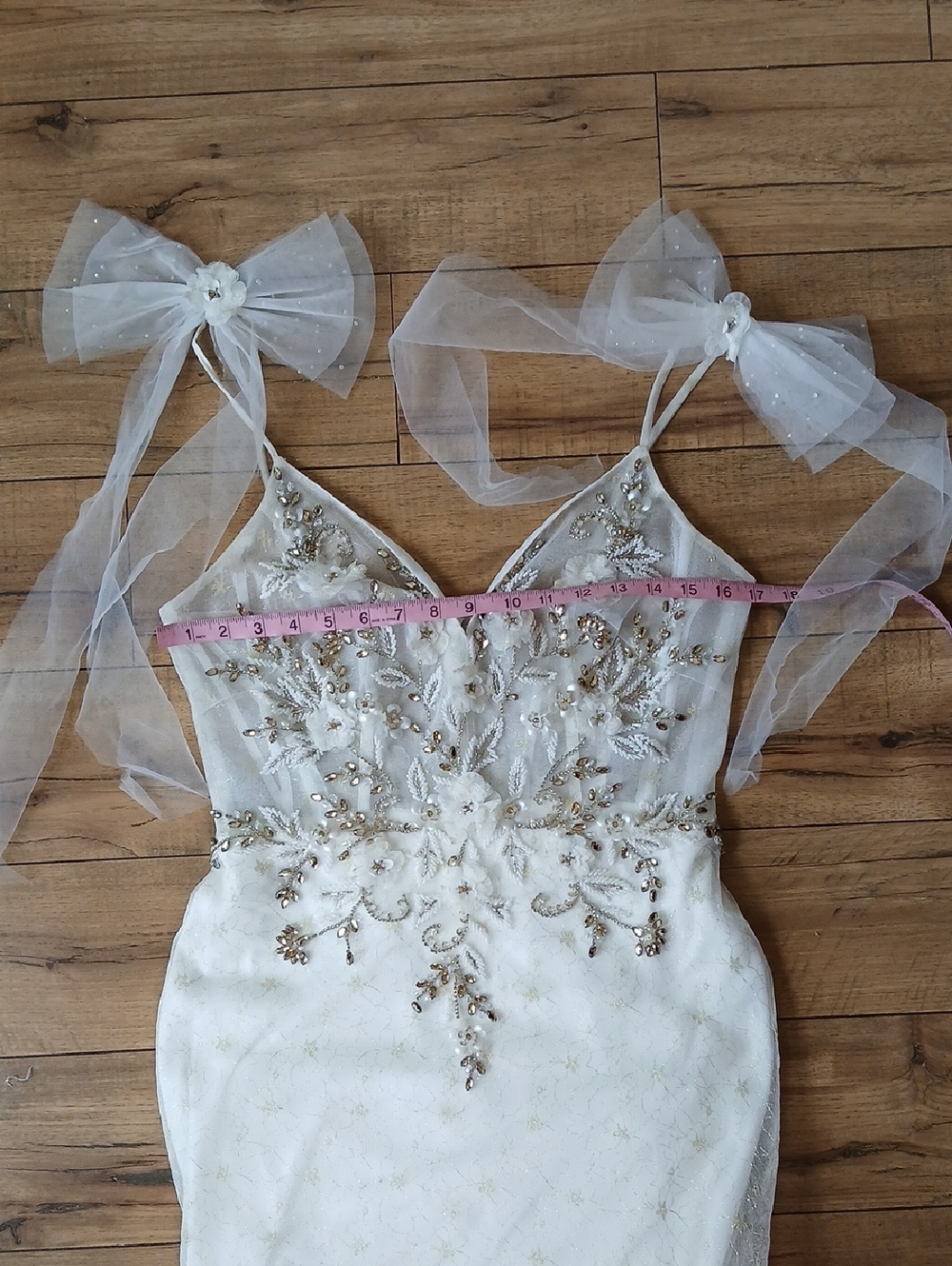Mac Duggal White And Gold Crystals Tulle Bridal Mermaid Gown with Bow Straps - Picture 8 of 16